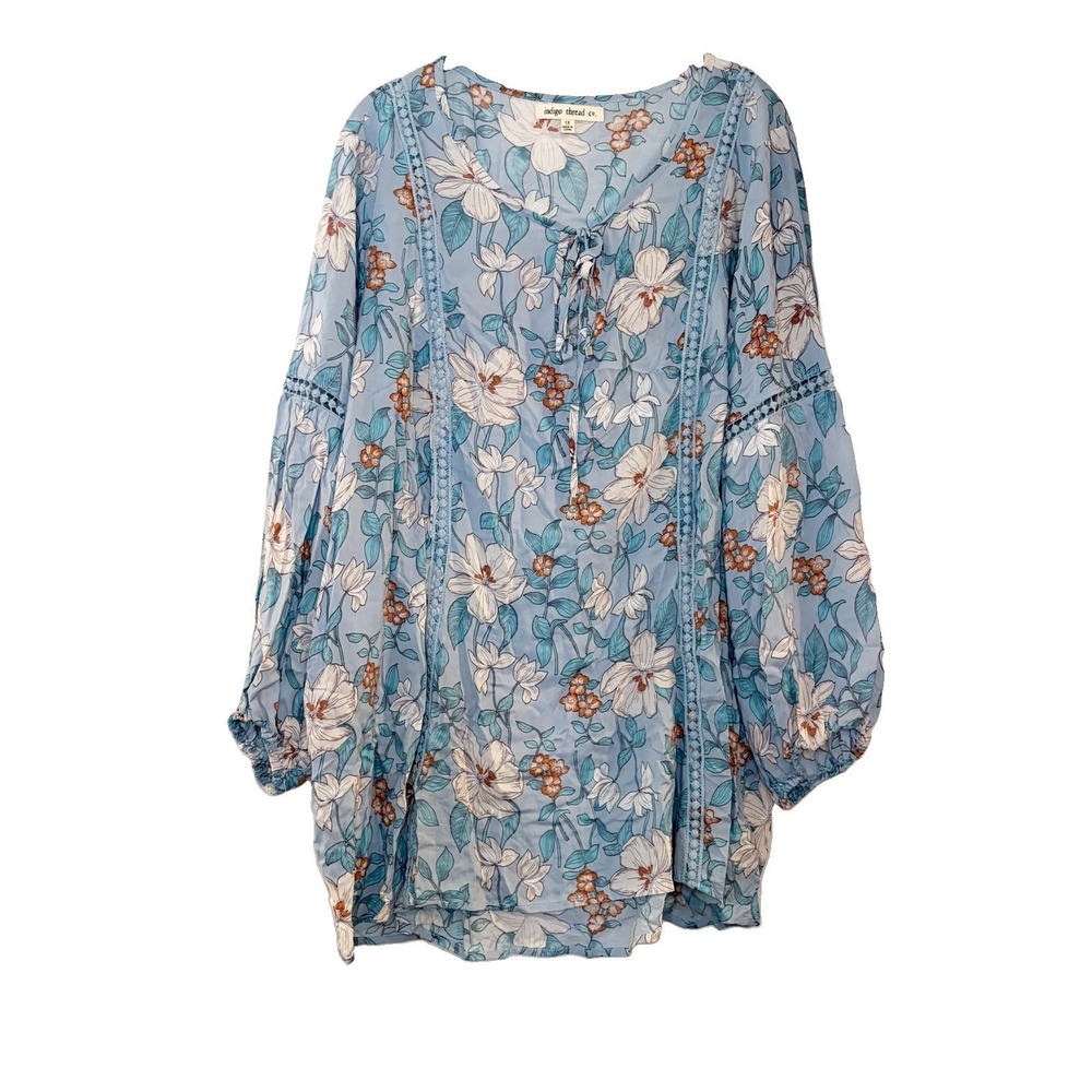 Indigo Thread Co Eyelet Tunic‎ Floral Puff Sleeve Peasant Tunic Cottagecore 1X